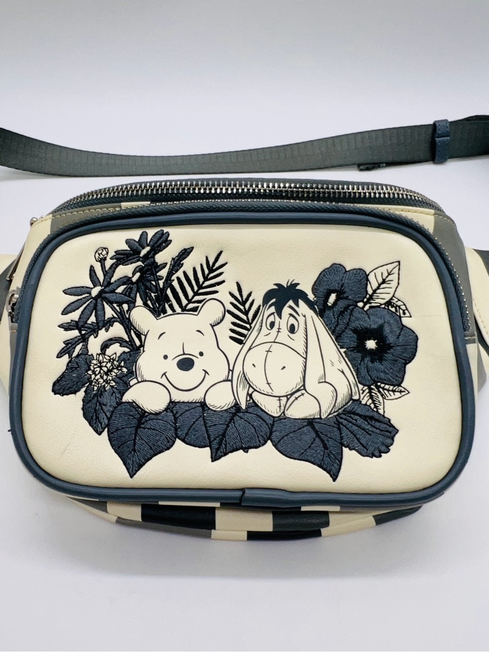 Loungefly Disney Cream and Gray Winnie the Pooh & Eeyore Stripe Waist Bag